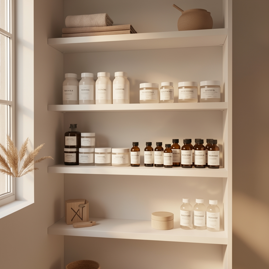 Minimal wellness studio interior with wooden shelves holding body cream jars and supplement bottles, warm natural light, London setting