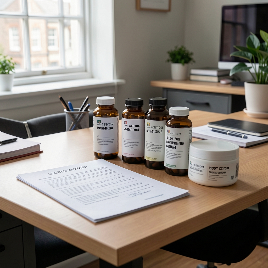 Studio desk with ingredient documentation, supplement bottles, and body cream jars laid out for review in a London workspace, natural daylight