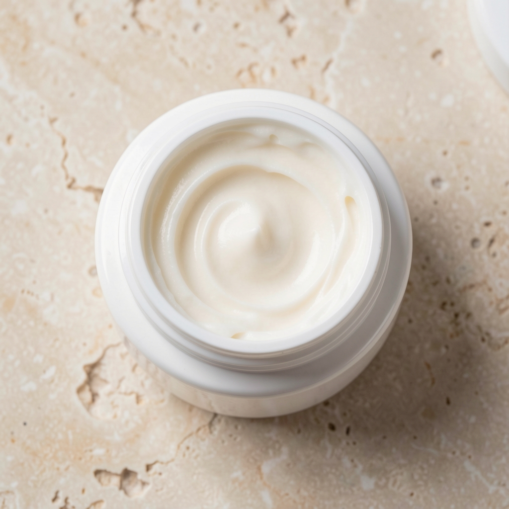 Open body butter jar with visible cream texture photographed from above, white ceramic, pale stone background, editorial composition