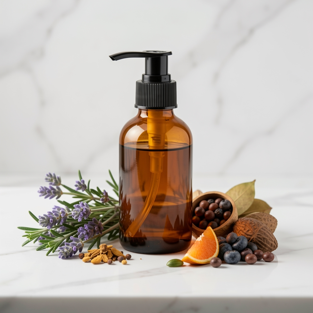 Amber glass pump bottle of nourishing body oil on white marble surface, botanical ingredients arranged beside it