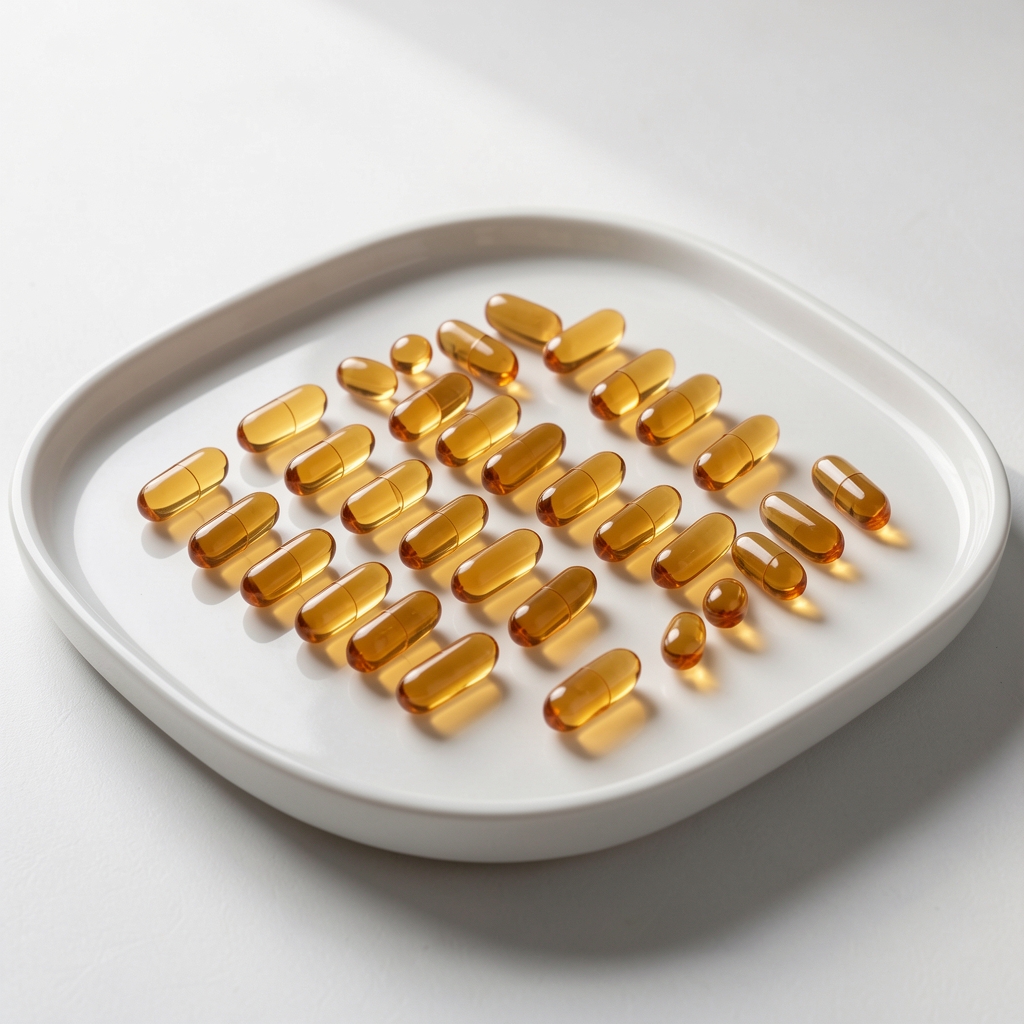 Small amber supplement capsules arranged in a grid on a white ceramic tray, minimalist editorial arrangement, natural window light